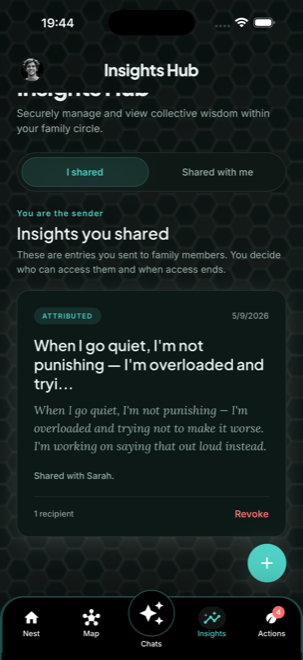 Insights Hub showing a shared insight with a single recipient and a revoke action